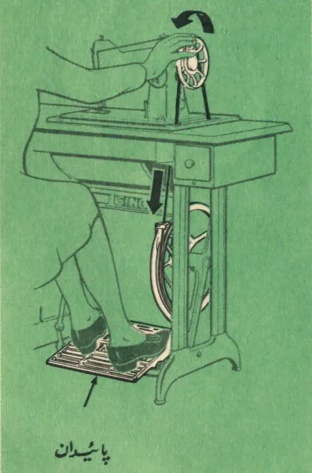 Illustration from the manual that shows a woman who is wearing a skirt and operating the sewing machine via foot pedal. The caption below says “پائیدان”.